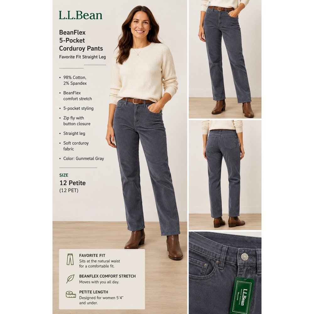 LL Bean Womens 12 PET BeanFlex Straight Leg Corduroy Pants Gunmetal Gray new NWT